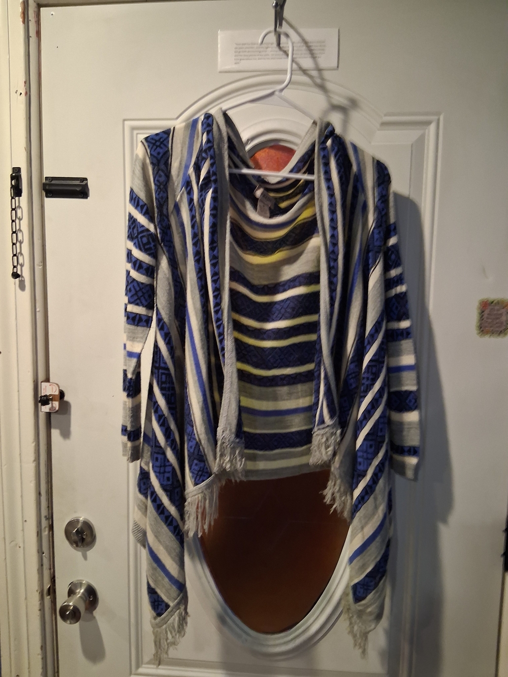 Fresh Bohemian Aztec Blue & Grey Fringe Cardigan Sweater Womens Size Medium